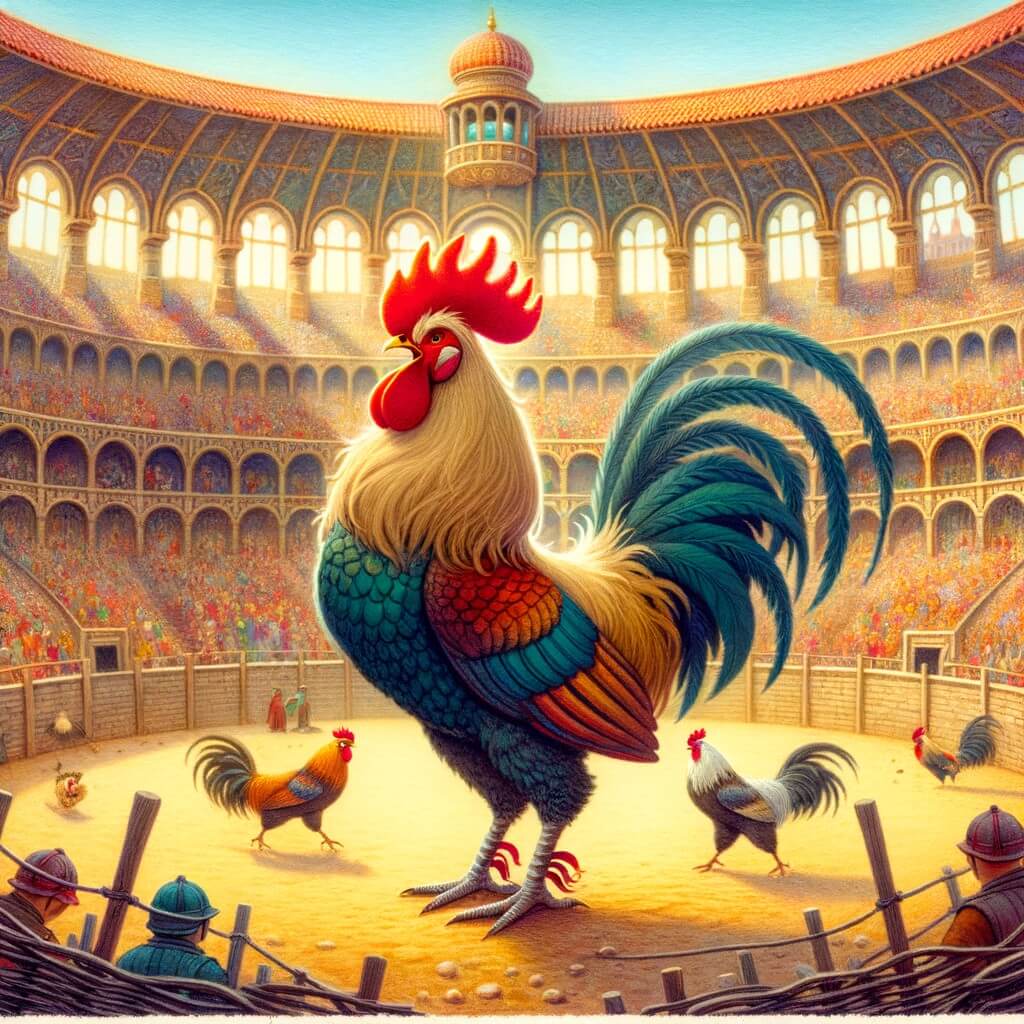 Une illustration pour enfants représentant un coq courageux se tenant au milieu d'une arène spectaculaire, prêt à affronter des adversaires redoutables, dans une compétition légendaire de coqs.