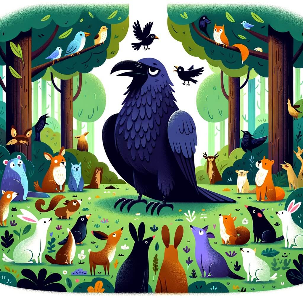 Une illustration destinée aux enfants représentant un corbeau bavard et prétentieux, se trouvant au cœur d'une forêt luxuriante, entouré d'animaux curieux et attentifs.