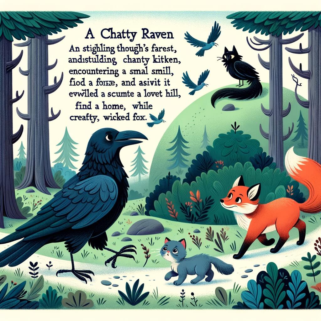 Une illustration destinée aux enfants représentant un corbeau bavard, se promenant dans une forêt enchantée, rencontrant un petit chaton perdu et l'aidant à retrouver sa maison près d'une grande colline, tout en évitant un méchant renard rusé.