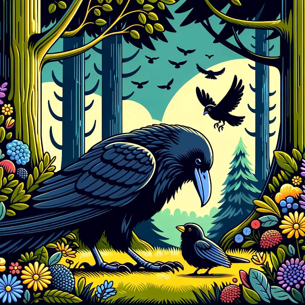 Une illustration destinée aux enfants représentant un corbeau solitaire, aux plumes noires comme la nuit, qui rencontre un petit oiseau blessé à l'aile cassée, dans une forêt enchantée où les arbres sont majestueux et les fleurs multicolores.