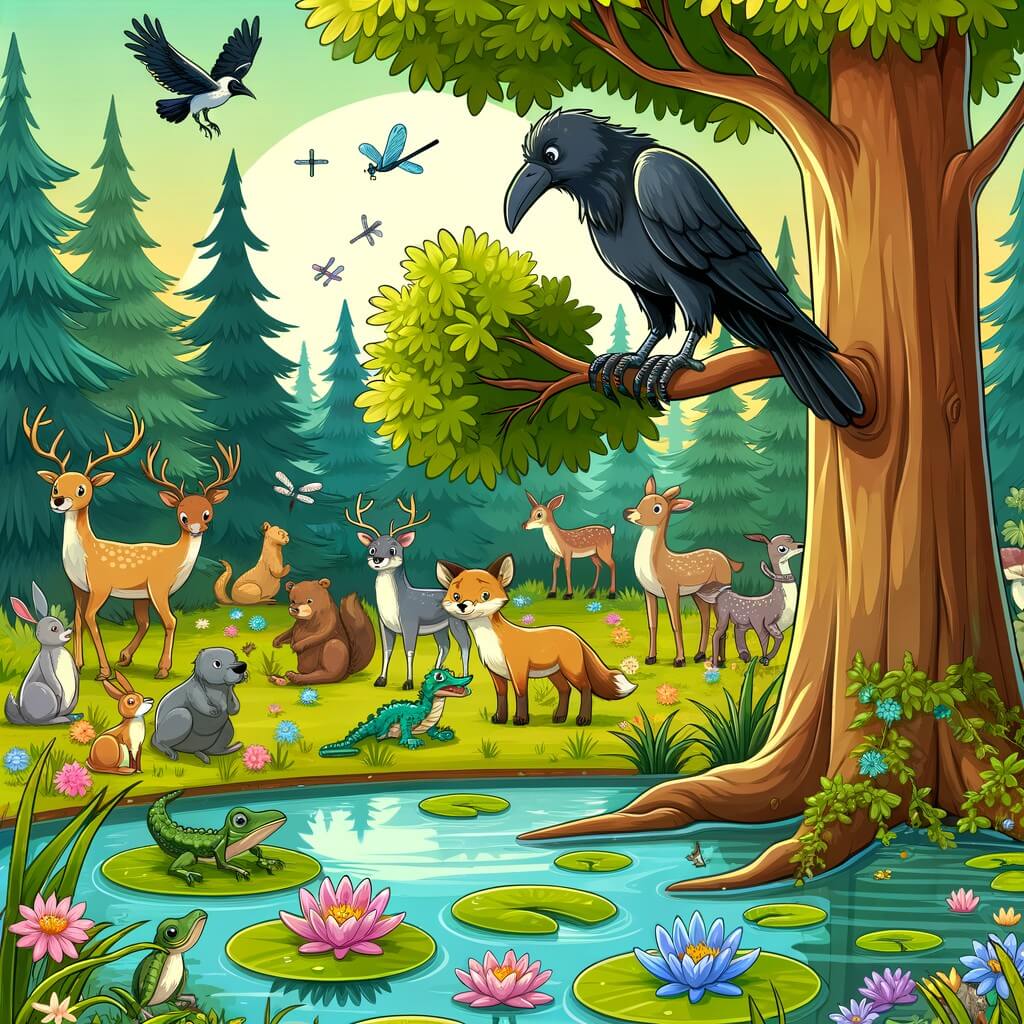 Une illustration destinée aux enfants représentant un corbeau solitaire, perché sur un grand chêne, observant tristement les autres animaux de la forêt s'amuser, tandis qu'un étang paisible entouré de nénuphars et de libellules brille au premier plan.