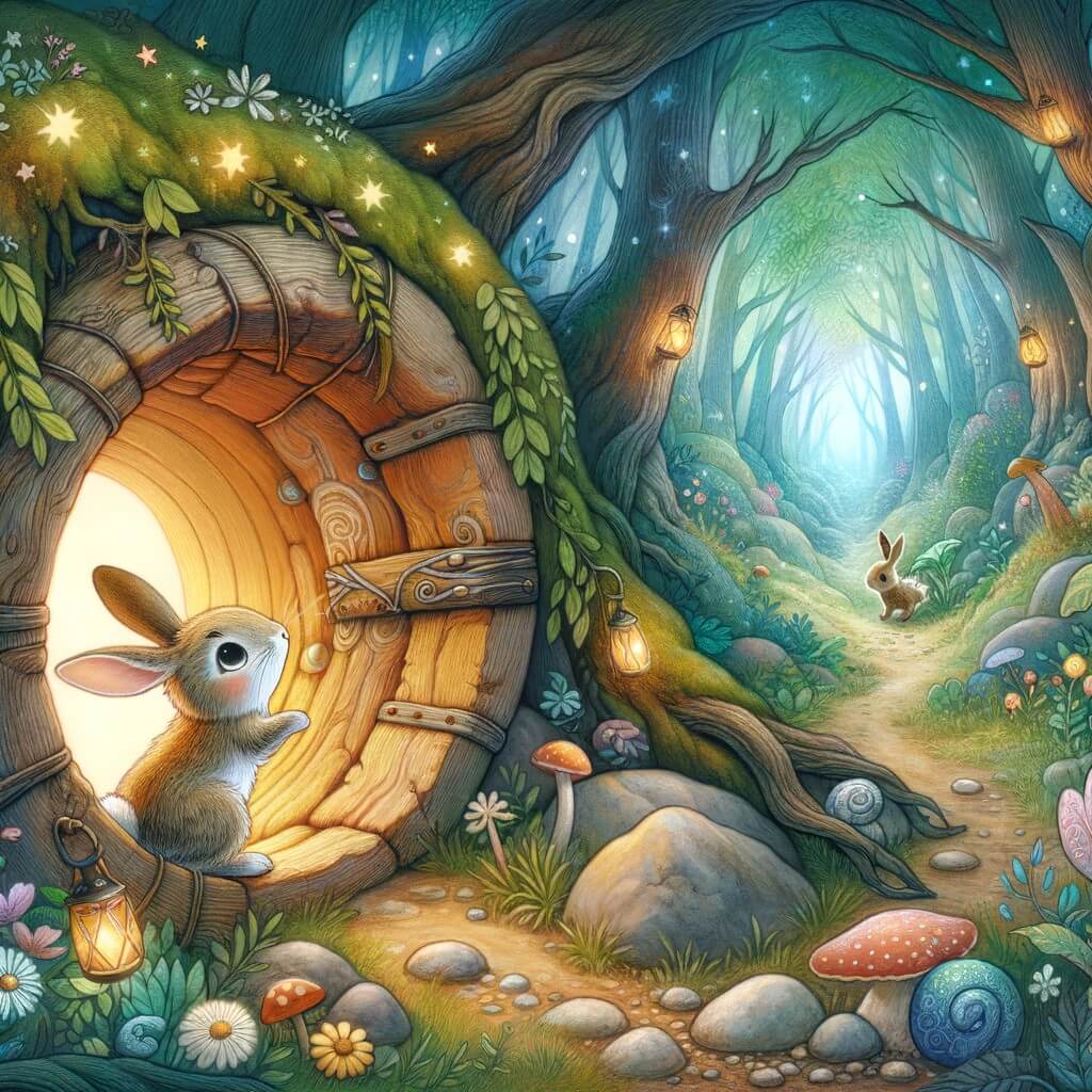 Une illustration pour enfants représentant un petit lapin courageux qui se retrouve piégé dans une mystérieuse grotte enchantée au cœur d'une forêt magique.