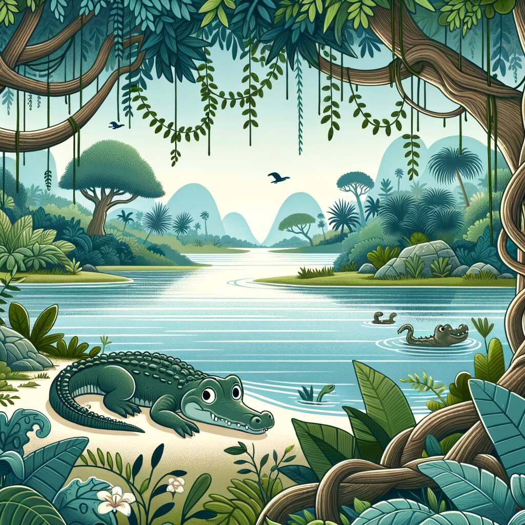 Une illustration destinée aux enfants représentant un crocodile curieux et solitaire, explorant une vaste et luxuriante jungle, entouré d'arbres majestueux, de lianes tressées et d'un grand lac aux eaux calmes et cristallines.