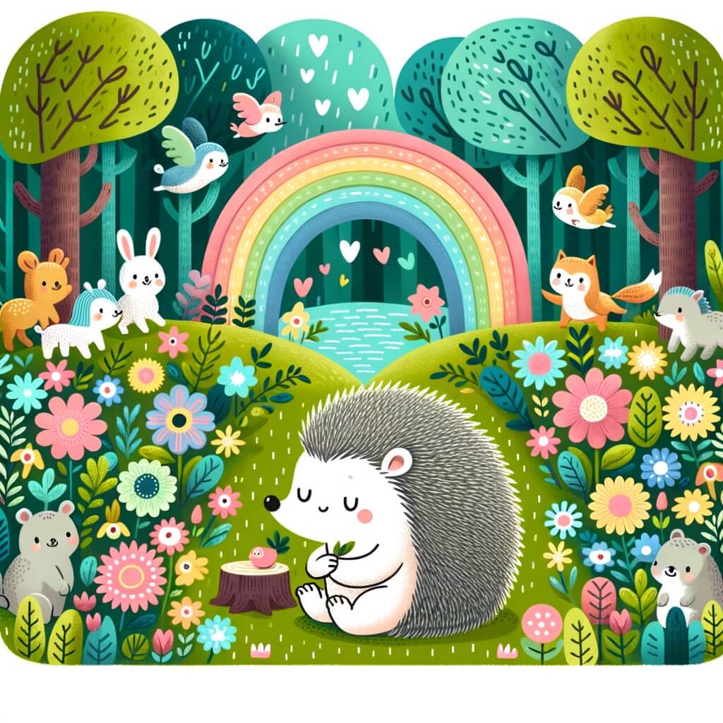 Une illustration destinée aux enfants représentant un adorable hérisson, avec ses épines dressées, qui se retrouve seul dans une forêt enchantée remplie de fleurs colorées et d'animaux joyeux.