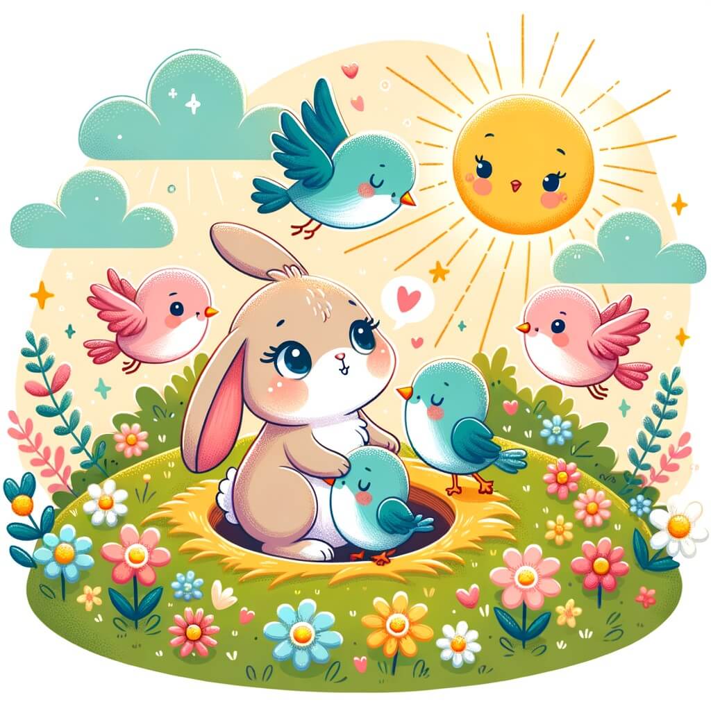 Une illustration destinée aux enfants représentant un adorable lapin rêveur, entouré d'oiseaux colorés, qui s'entraîne à voler avec l'aide bienveillante de ses amis lapins, dans un terrier douillet et fleuri au cœur d'une prairie ensoleillée.