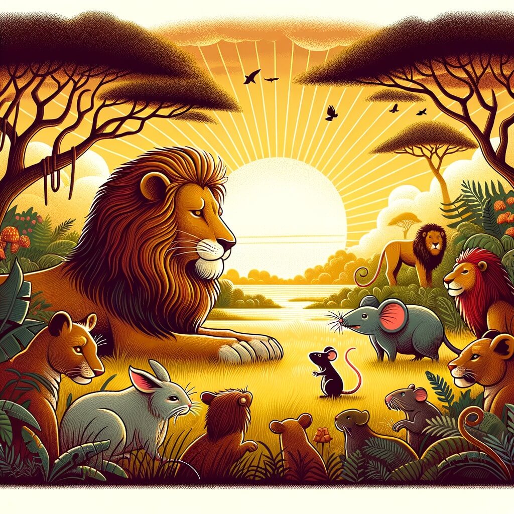 Une illustration destinée aux enfants représentant un puissant roi de la jungle, entouré de la faune sauvage, faisant la rencontre d'une petite souris timide, dans une savane luxuriante baignée par les rayons dorés du soleil couchant.