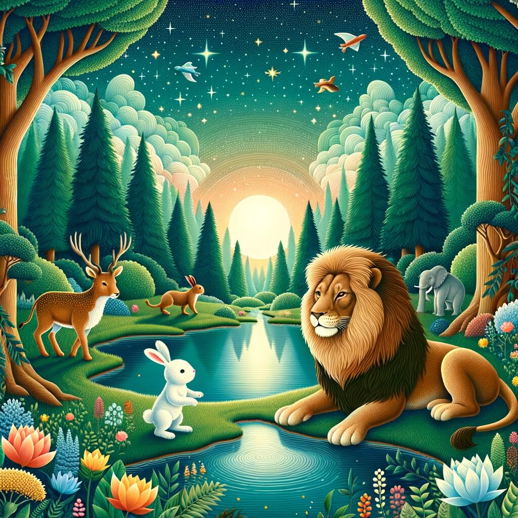 Une illustration destinée aux enfants représentant un lion majestueux, craint et respecté, confronté à sa plus grande peur de l'eau, avec l'aide d'un petit lapin curieux, dans une magnifique forêt verdoyante, avec des arbres majestueux, des fleurs colorées et un étang scintillant.