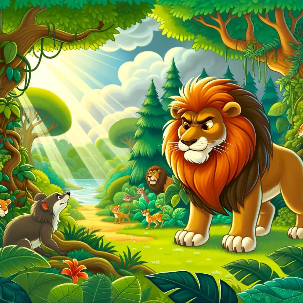 Une illustration pour enfants représentant un majestueux roi de la jungle, confronté à une hyène rusée, dans la savane africaine.
