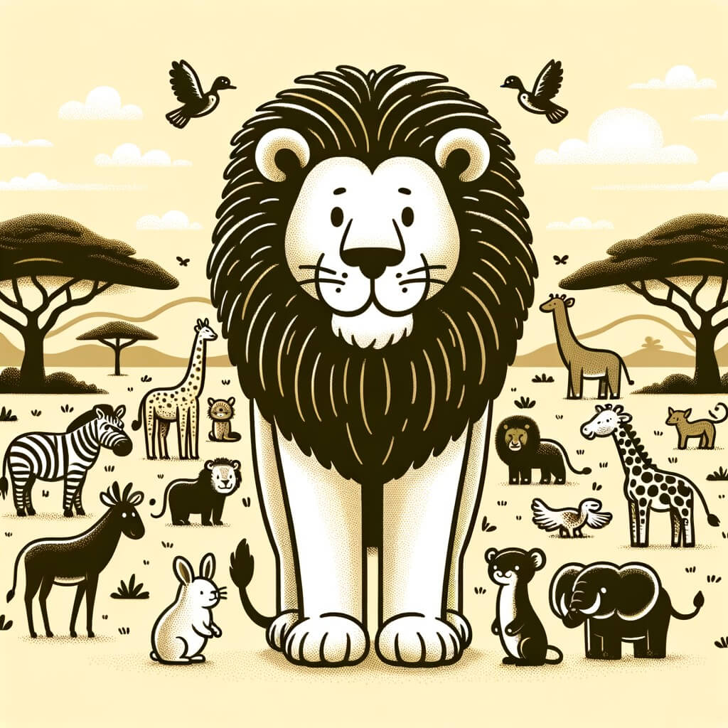 Une illustration destinée aux enfants représentant un majestueux lion, se tenant fièrement au milieu de la savane africaine, entouré de divers animaux curieux et admiratifs.