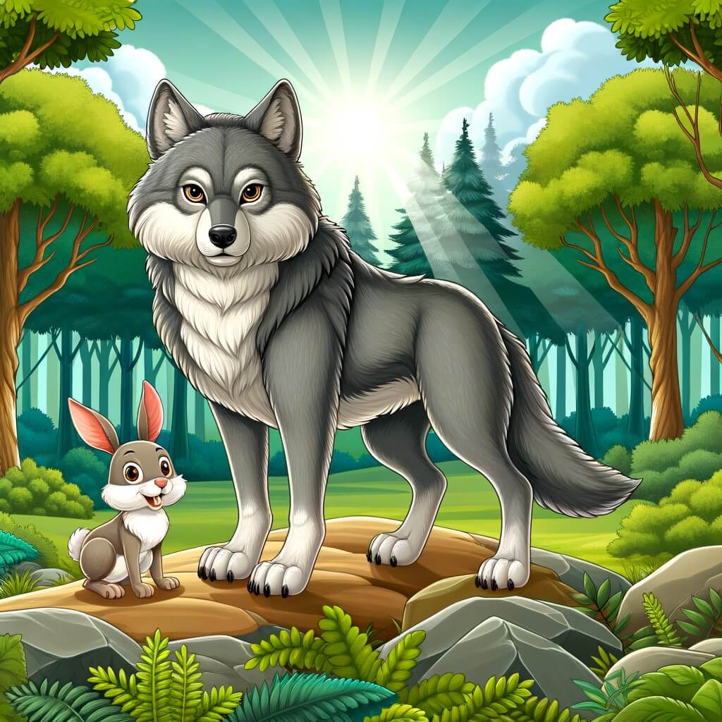 Une illustration pour enfants représentant un loup malicieux se trouvant dans une forêt mystérieuse où des aventures inattendues l'attendent.