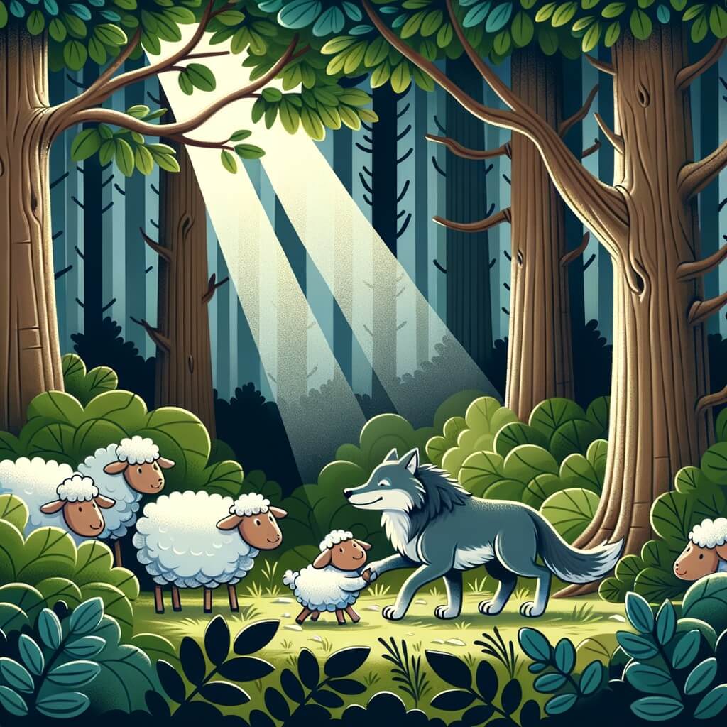 Une illustration destinée aux enfants représentant un loup solitaire, rejeté par les autres animaux de la forêt, qui découvre l'amitié grâce à une petite brebis courageuse, dans une forêt sombre et dense avec des arbres majestueux, des buissons touffus et des rayons de soleil filtrant à travers les feuilles.