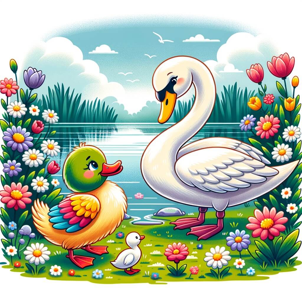 Une illustration destinée aux enfants représentant un canard aux plumes multicolores, se sentant seul et triste, faisant la rencontre d'un majestueux cygne blanc au bord d'un lac entouré de fleurs colorées.