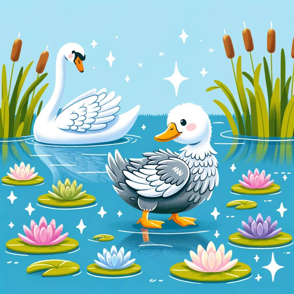 Une illustration destinée aux enfants représentant un canard au plumage gris et blanc, se sentant différent des autres, accompagné d'un majestueux cygne, dans un lac scintillant entouré de roseaux et de nénuphars multicolores.