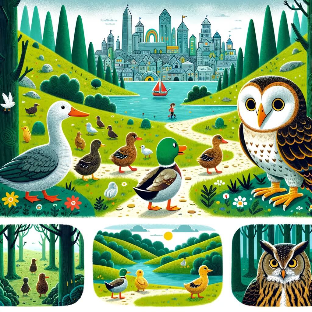 Une illustration pour enfants représentant un canard aux plumes colorées, rejeté par les autres canards, cherchant sa place dans le monde, à travers des plaines, des forêts et des montagnes, jusqu'à arriver dans une grande ville.