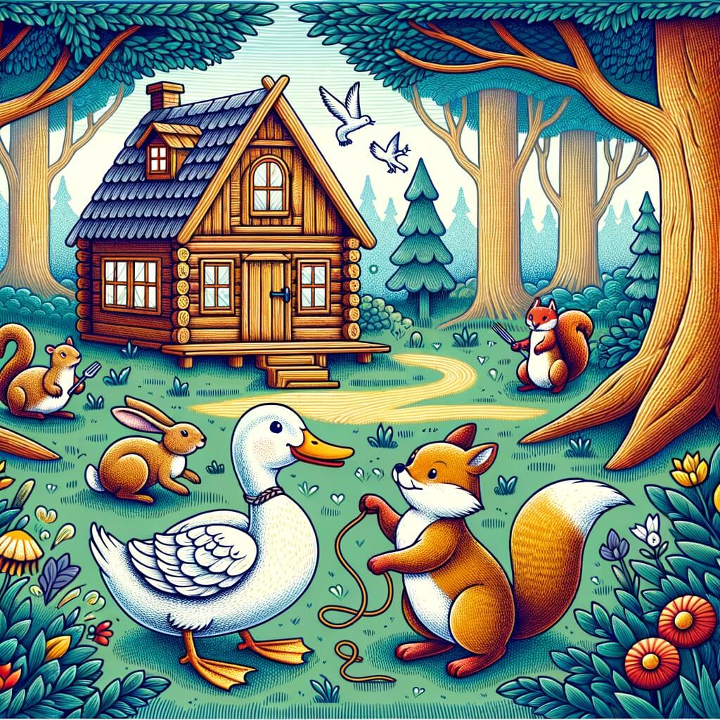 Une illustration pour enfants représentant un petit canard qui cherche des amis à la forêt, mais qui tombe dans un piège tendu par un renard rusé.