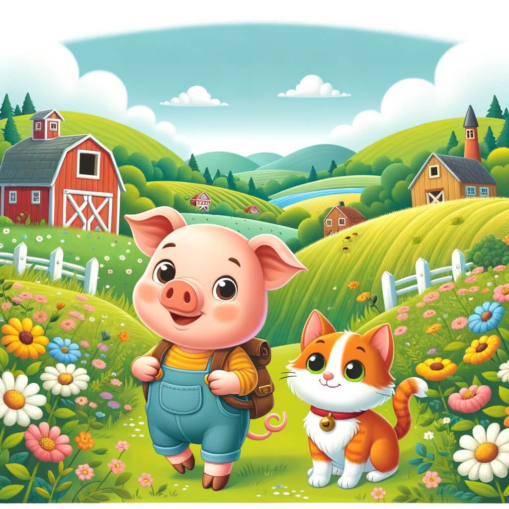Une illustration destinée aux enfants représentant un adorable cochon aventurier, accompagné d'un chat curieux, explorant une ferme pittoresque entourée de collines verdoyantes et de champs fleuris.