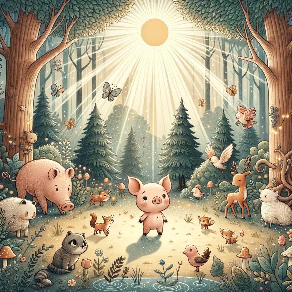 Une illustration destinée aux enfants représentant un adorable petit cochon curieux qui se retrouve dans une forêt enchantée, entouré d'animaux magiques, dans une clairière baignée de la douce lumière du soleil couchant.