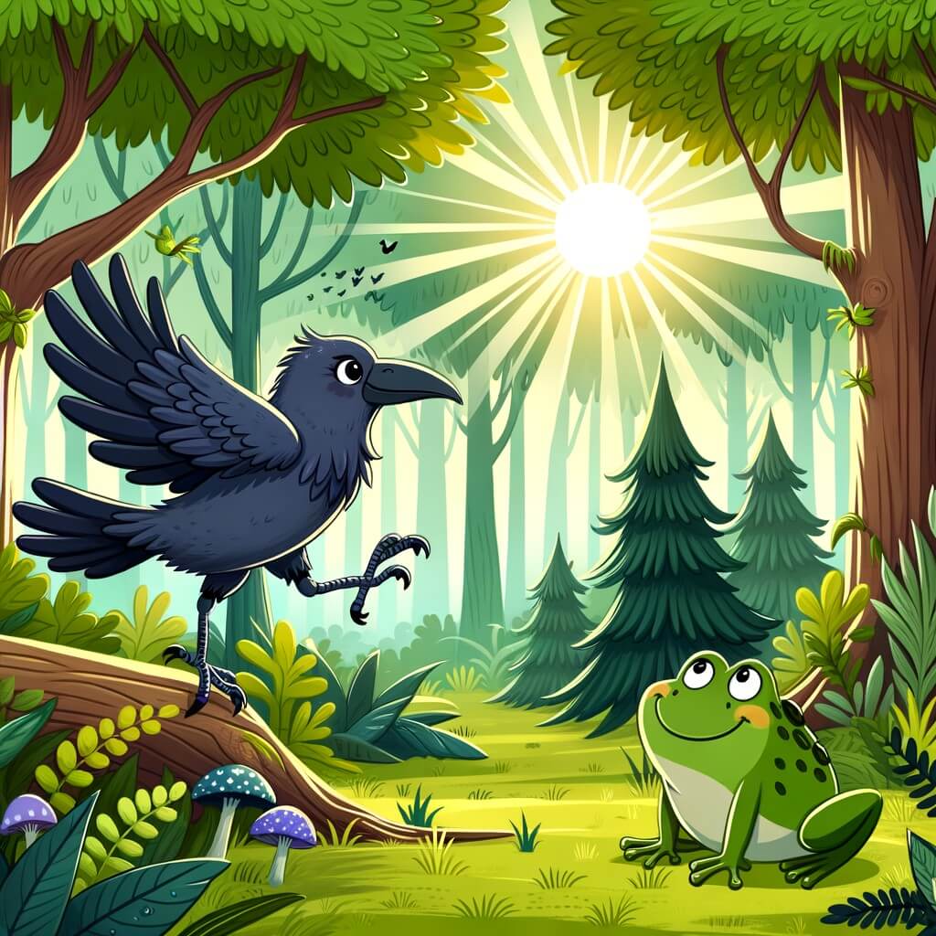 Une illustration destinée aux enfants représentant un corbeau malicieux explorant une forêt dense et verdoyante, accompagné d'une joyeuse grenouille, dans un décor enchanté où les rayons du soleil filtrent à travers les feuilles des arbres majestueux.