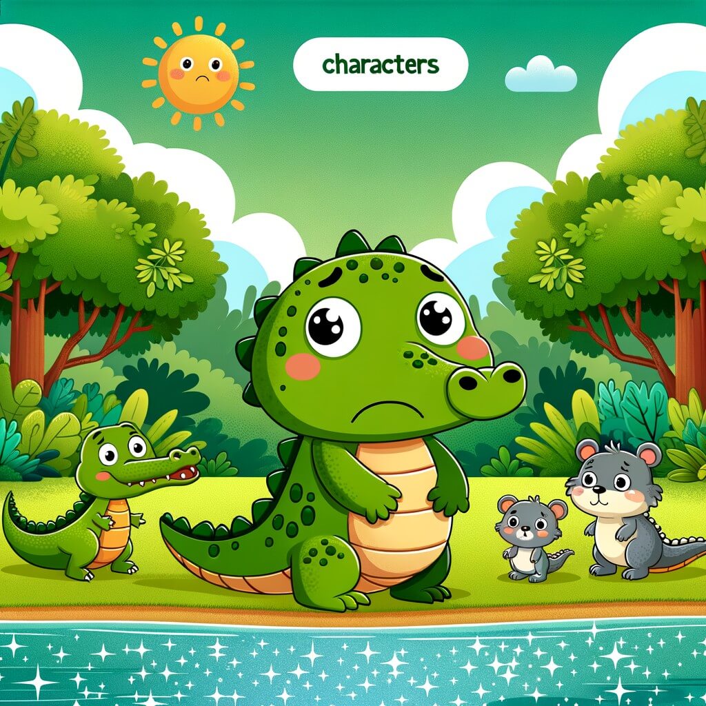 Une illustration destinée aux enfants représentant un jeune crocodile timide et peureux, accompagné de sa famille et de ses amis, se tenant sur les rive verdoyante d'une rivière scintillante au cœur d'une luxuriante forêt tropicale.