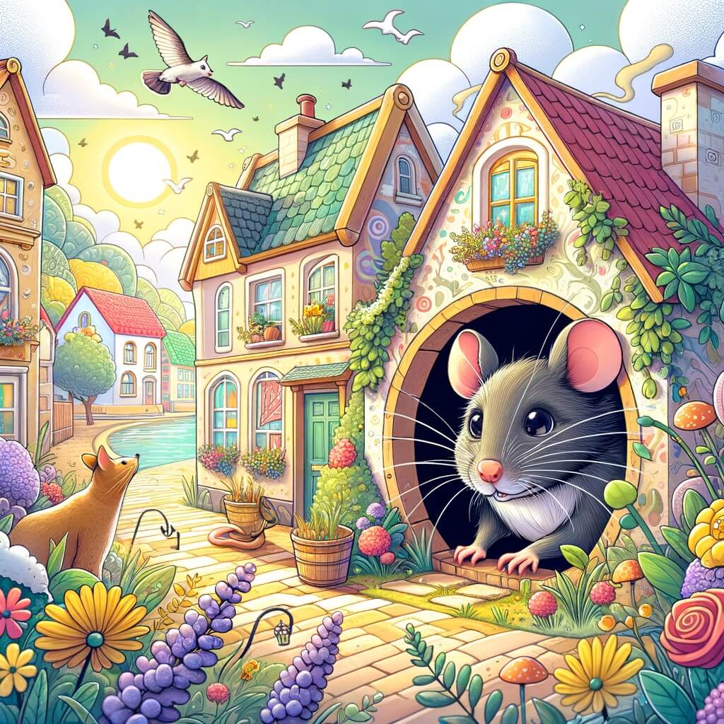 Une illustration destinée aux enfants représentant un petit rat malin, vivant dans un trou caché au sein d'une maison chaleureuse, qui fait la rencontre d'un chat féroce mais curieux, dans une rue animée aux maisons colorées et aux fleurs parfumées.