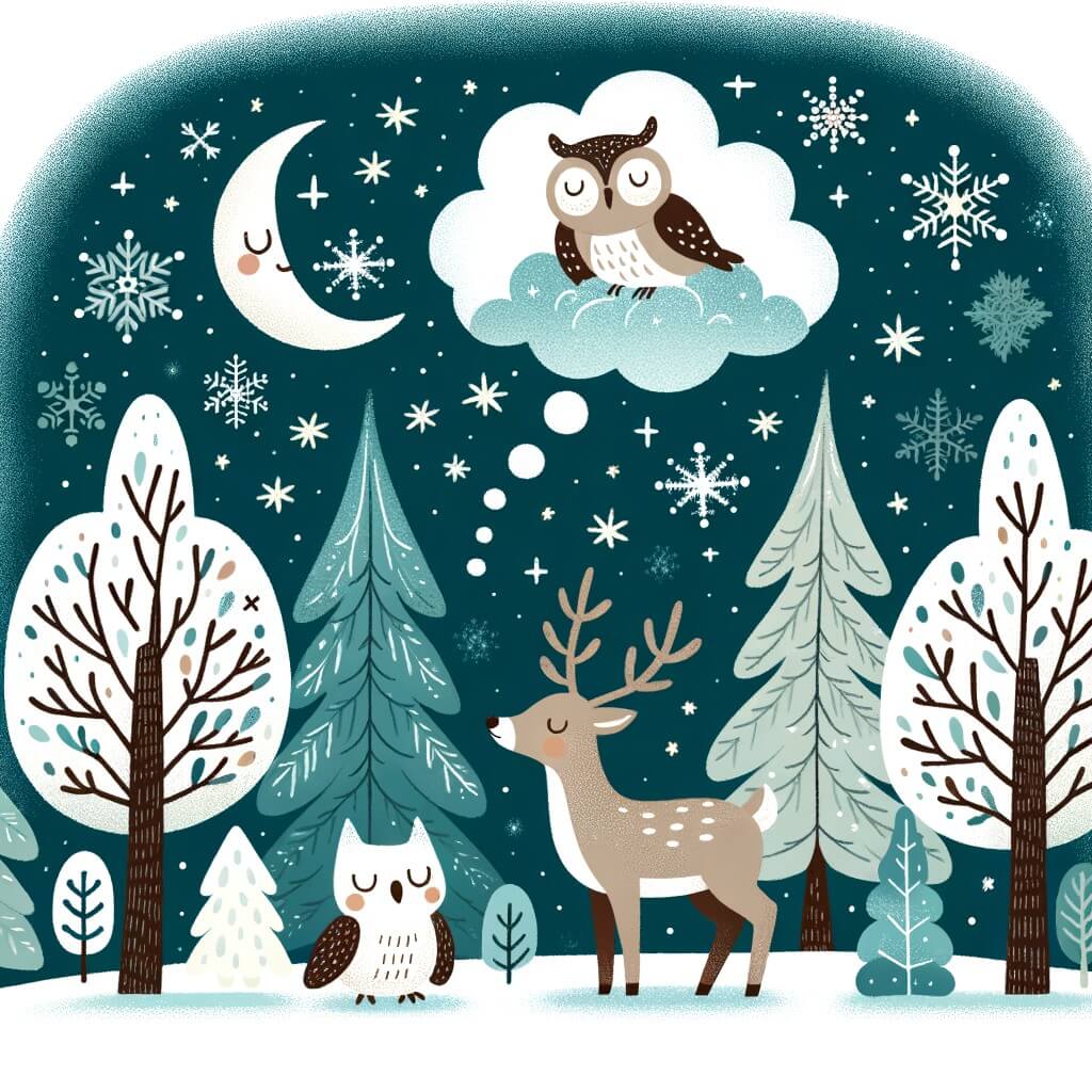 Une illustration destinée aux enfants représentant un renne rêvant de voler, accompagné d'une chouette sage, dans une forêt enneigée aux arbres majestueux et aux flocons de neige scintillants.