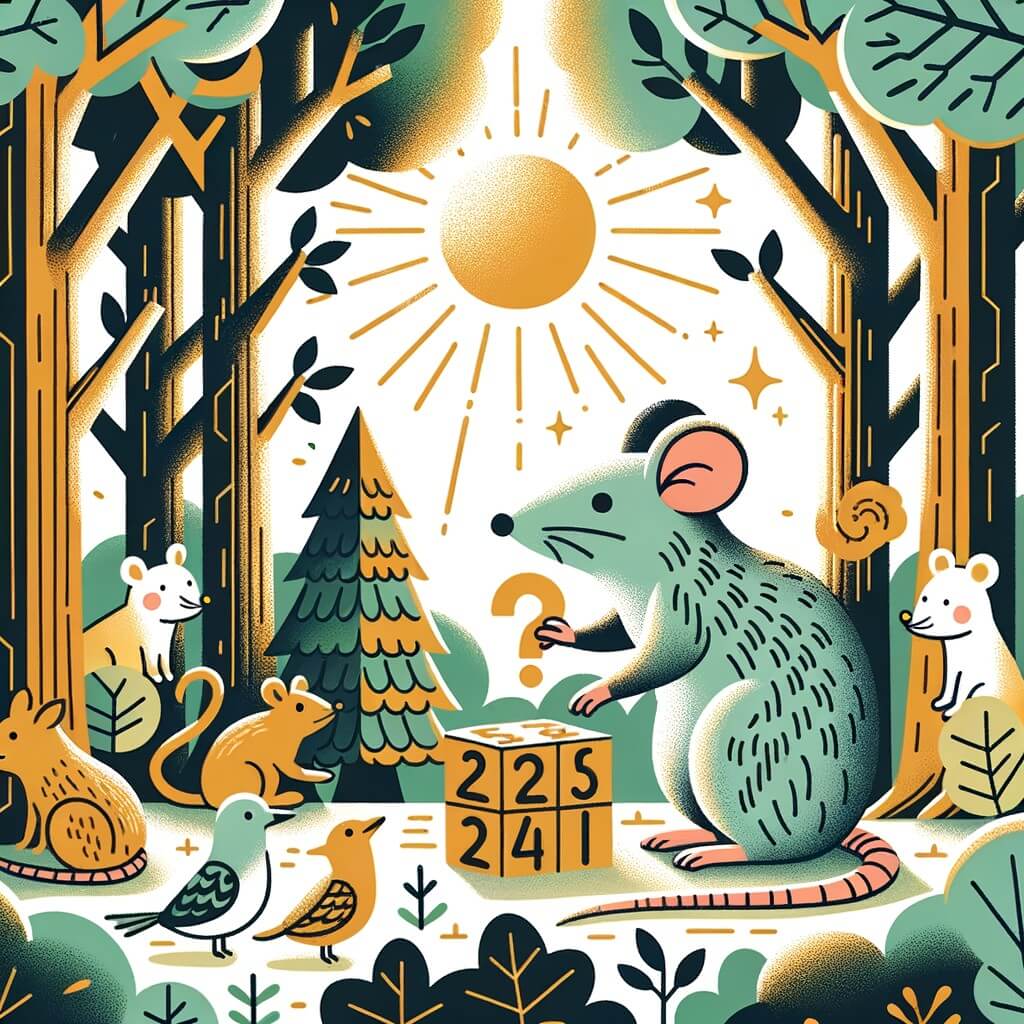 Une illustration pour enfants représentant un rat malin se trouvant dans une forêt enchantée où il devra mettre sa ruse à l'épreuve lors d'un concours d'énigmes pour remporter une baguette magique.