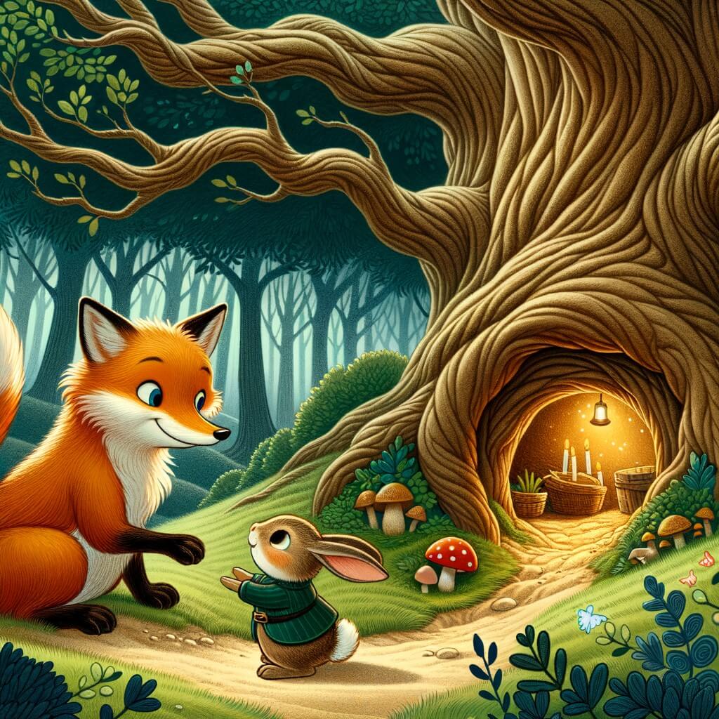 Une illustration destinée aux enfants représentant un renard rusé, se faisant aider par un lapin curieux, dans une forêt enchantée avec un terrier douillet au pied d'un grand chêne.