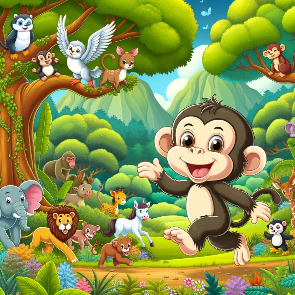 Une illustration destinée aux enfants représentant un joyeux singe malicieux, accompagné de divers animaux, jouant et s'amusant dans une forêt luxuriante, remplie d'arbres majestueux et de végétation colorée.
