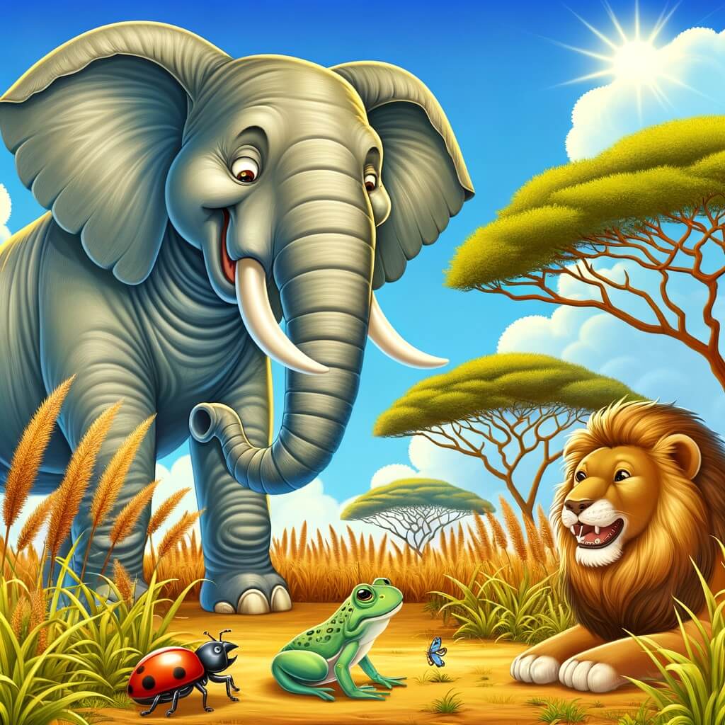 Une illustration destinée aux enfants représentant un éléphant fier et imposant, se moquant d'une petite fourmi, d'une grenouille et d'un lionceau, dans la savane africaine, avec des herbes hautes et des acacias majestueux sous un ciel bleu éclatant.