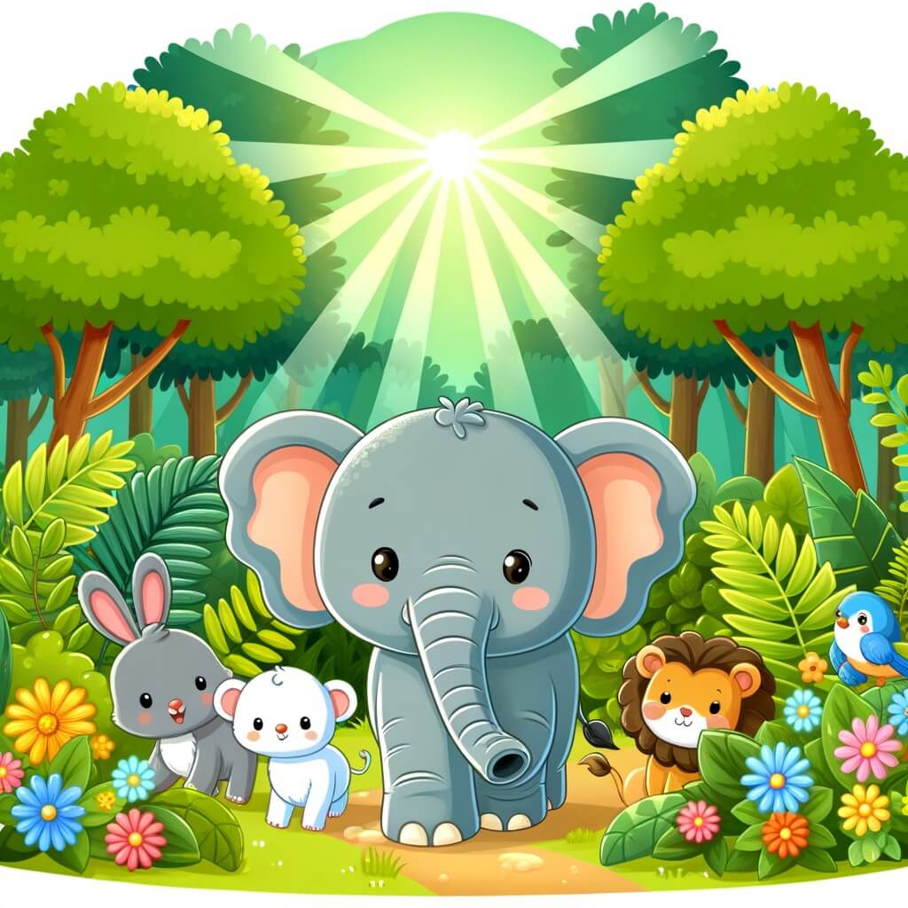 Une illustration destinée aux enfants représentant un éléphant curieux et adorable, explorant la jungle avec ses amis animaux, dans une forêt luxuriante où les rayons du soleil filtrent à travers les feuilles vertes et les fleurs multicolores.