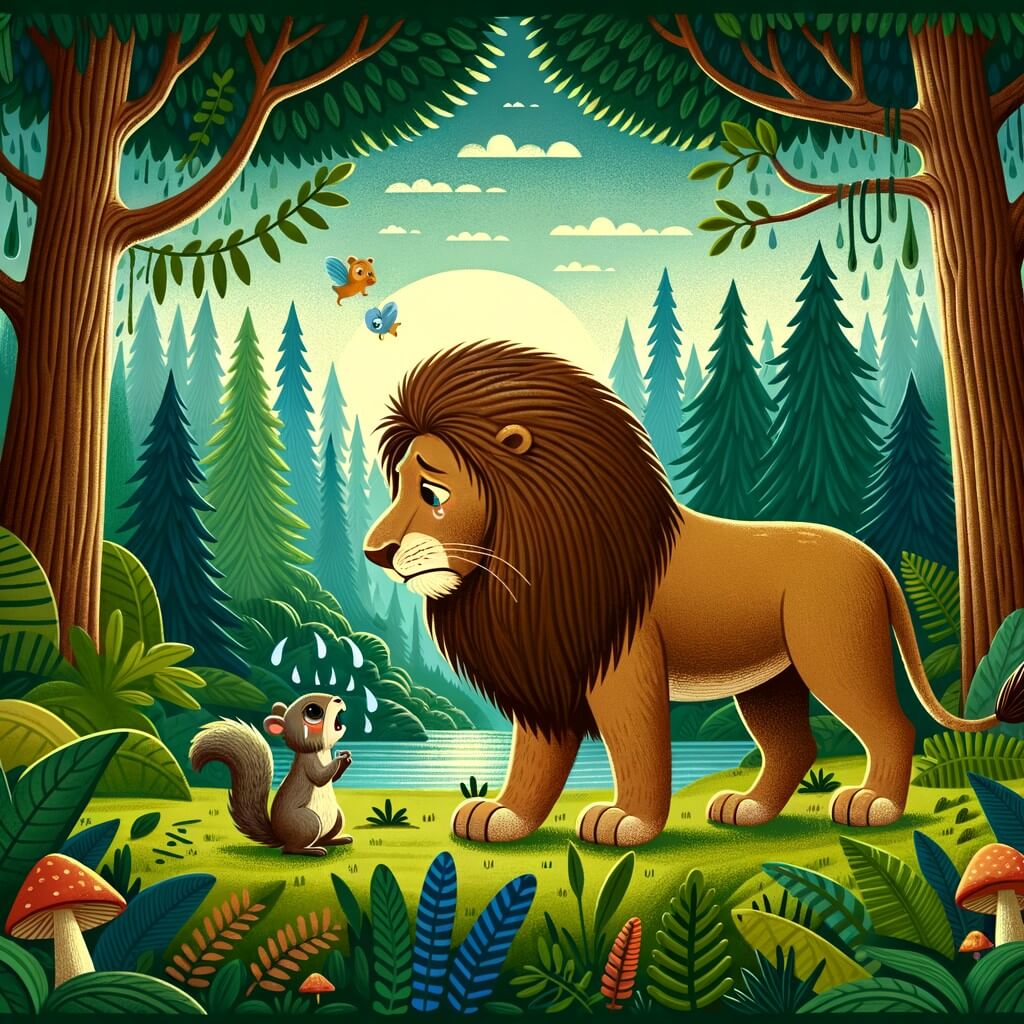 Une illustration destinée aux enfants représentant un lion majestueux, solitaire et triste, se promenant dans une dense jungle luxuriante, où il rencontre un petit écureuil pleurant et devient son ami.