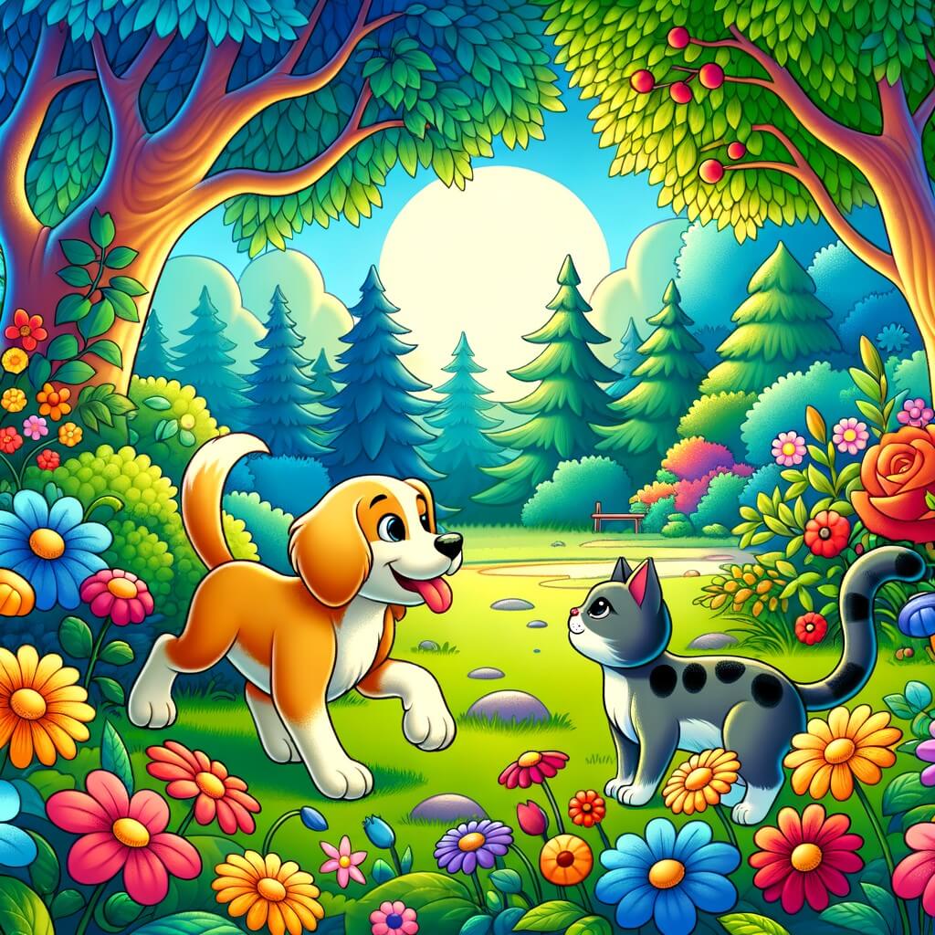 Une illustration destinée aux enfants représentant un chien joyeux et joueur qui rencontre un chat mystérieux dans un parc verdoyant entouré de fleurs colorées et d'arbres majestueux.