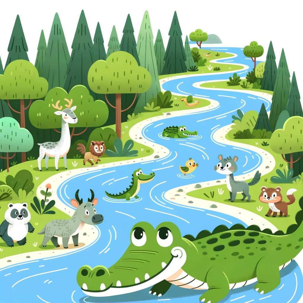 Une illustration destinée aux enfants représentant un crocodile courageux et curieux, accompagné de ses amis animaux, explorant une rivière profonde et sinueuse bordée d'une forêt luxuriante.