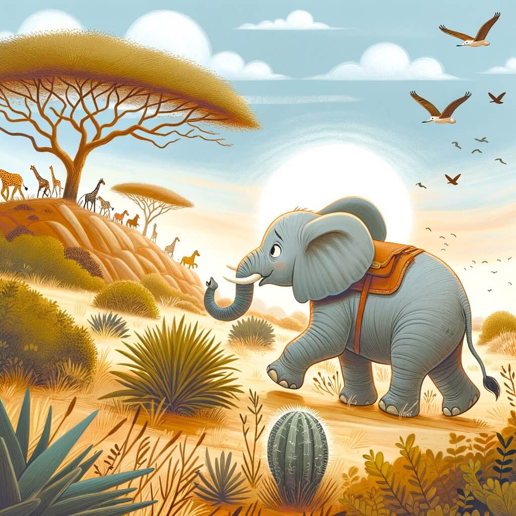 Une illustration pour enfants représentant un éléphant curieux qui explore la savane africaine en quête d'aventures et d'amitié.