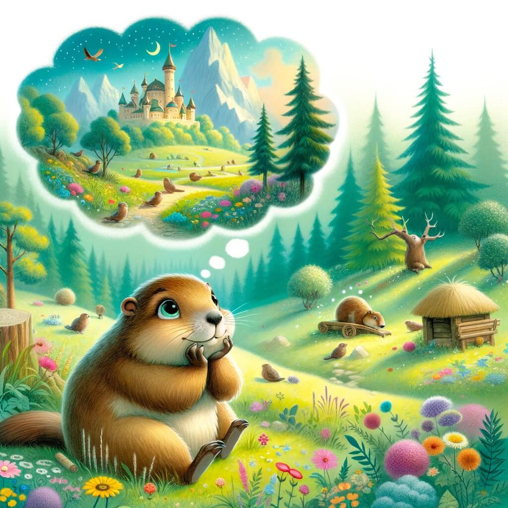 Une illustration pour enfants représentant une marmotte rêveuse se trouvant dans une clairière enchantée où elle vivra des aventures inoubliables.