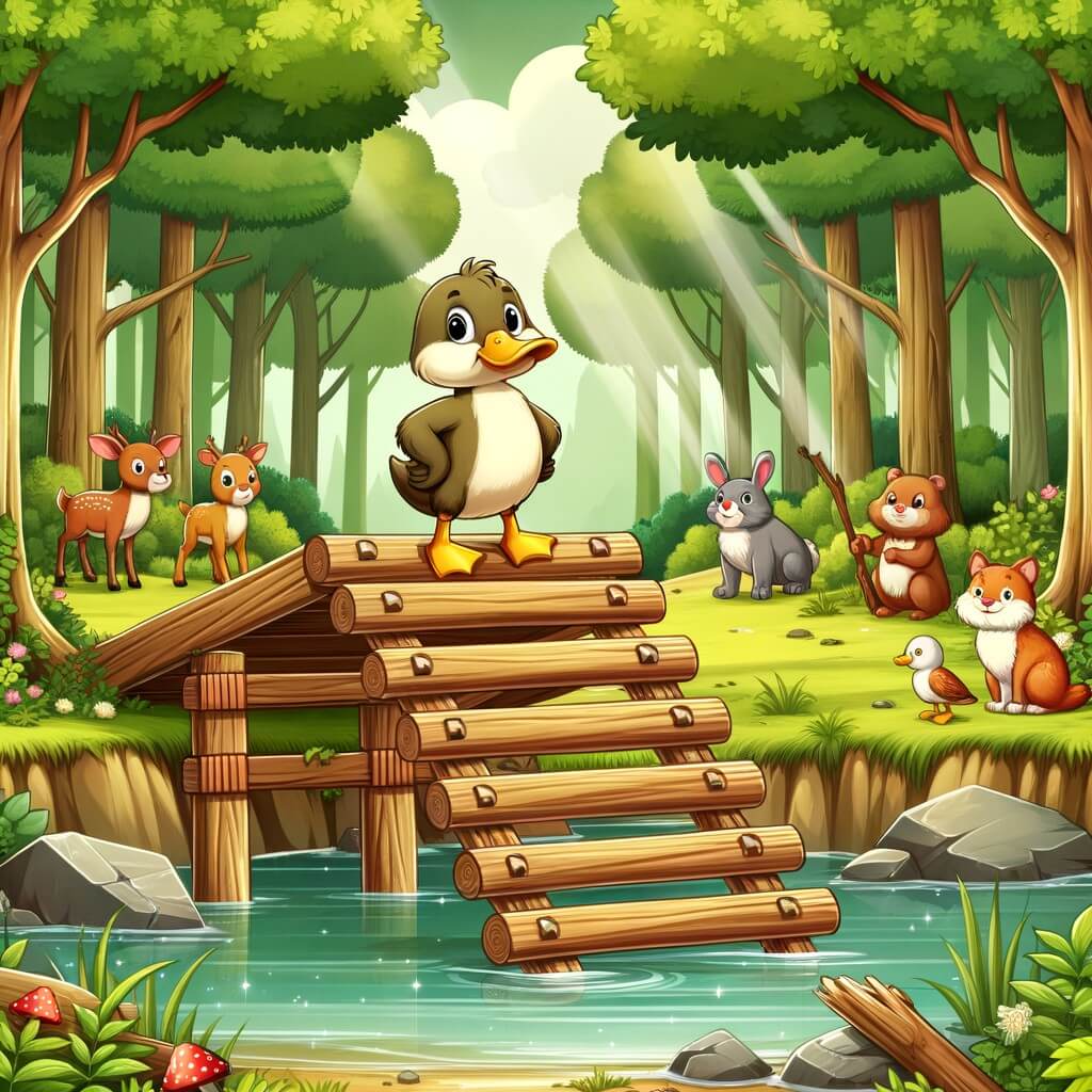 Une illustration destinée aux enfants représentant un canard aventurier, se tenant fièrement sur un pont en bois réparé, accompagné de ses amis animaux, dans une forêt luxuriante avec un étang scintillant à proximité.