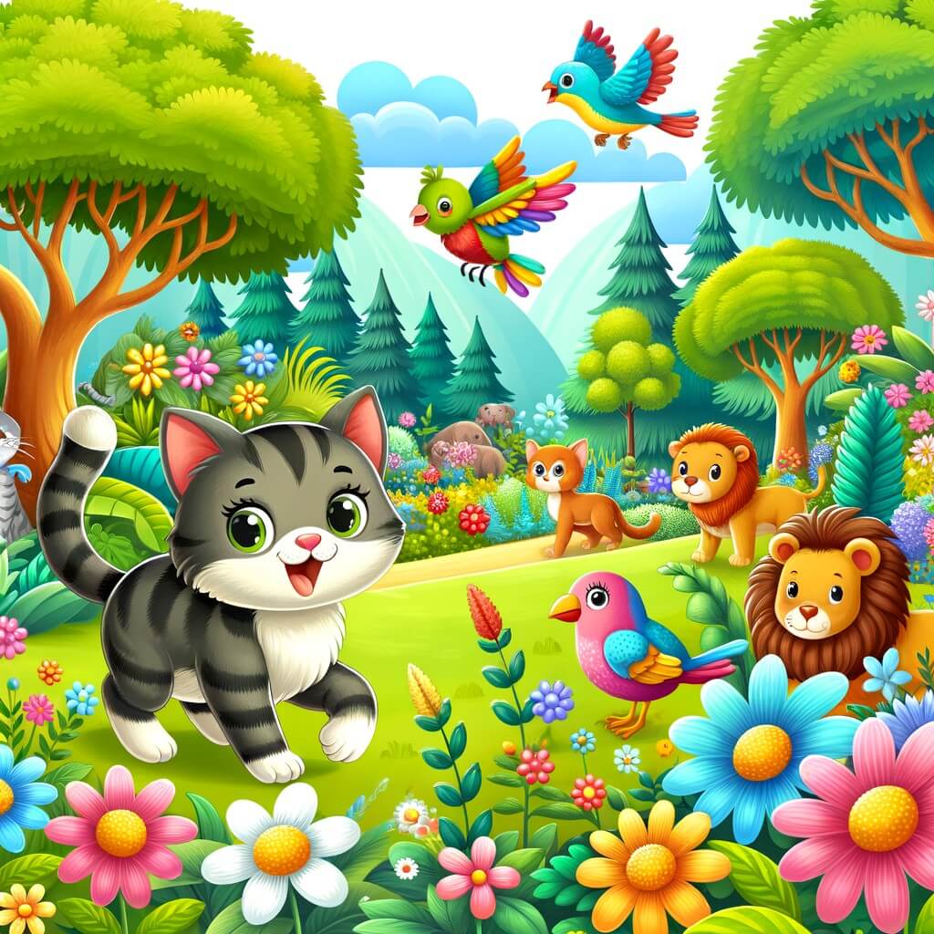 Une illustration destinée aux enfants représentant un chat curieux et aventurier, accompagné d'un oiseau coloré, explorant un jardin luxuriant rempli de fleurs multicolores, d'arbres majestueux et d'animaux joyeux.