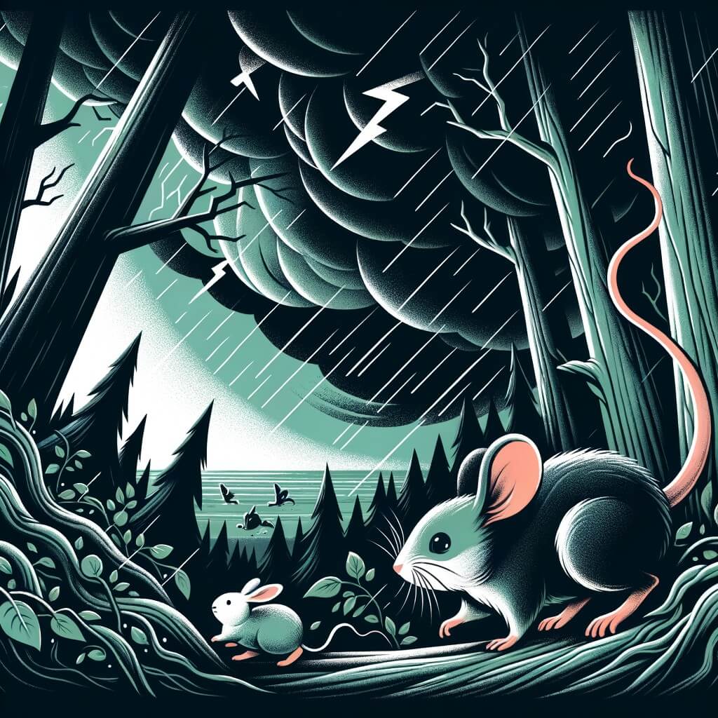Une illustration destinée aux enfants représentant une souris curieuse et intrépide, se retrouvant dans une tempête effrayante, accompagnée d'un jeune lapin, dans une forêt dense et sombre où les arbres se penchent gracieusement sous le poids de leurs feuilles vertes et chatoyantes.