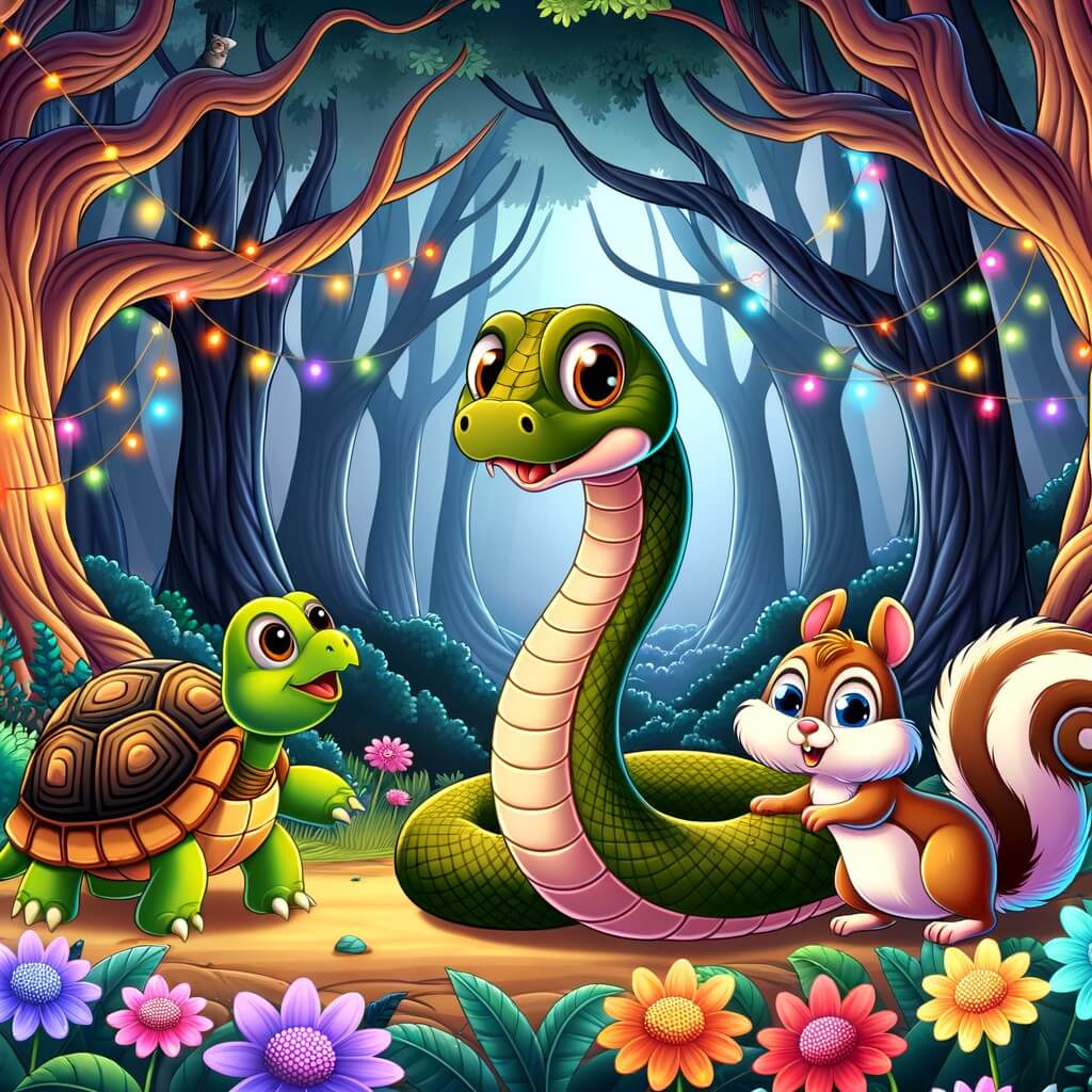Une illustration destinée aux enfants représentant un serpent curieux et intelligent, accompagné d'une tortue sage et d'un écureuil joyeux, dans une forêt dense et mystérieuse où les arbres s'entrelacent et les fleurs multicolores illuminent le paysage.