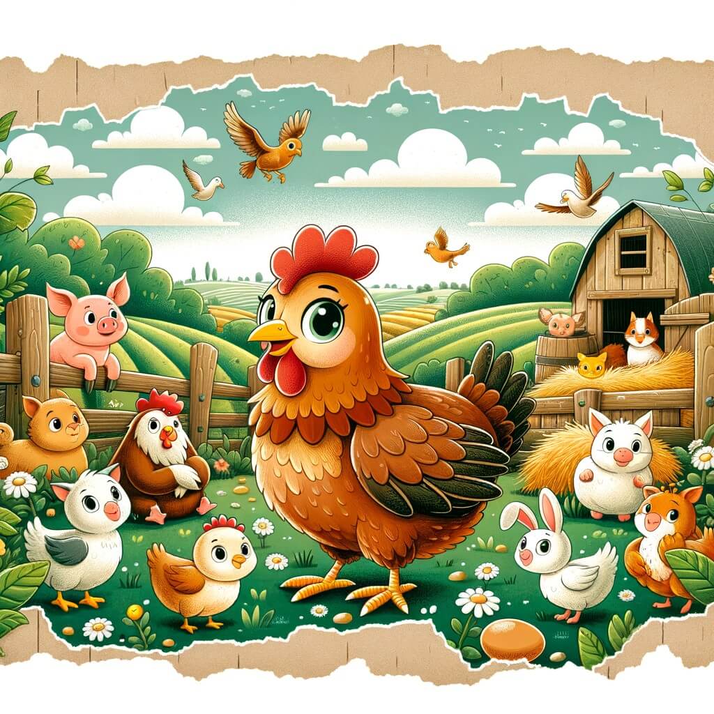 Une illustration destinée aux enfants représentant une poule curieuse et aventureuse, accompagnée de ses amis animaux, dans une ferme entourée de champs verdoyants, prête à explorer le monde au-delà de la ferme.