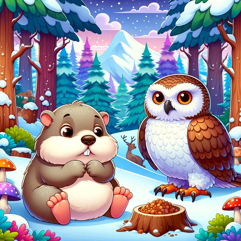 Une illustration destinée aux enfants représentant une adorable marmotte paresseuse, se retrouvant sans nourriture ni abri lors de l'arrivée de l'hiver, accompagnée d'une sage chouette, dans une forêt enchantée aux couleurs chatoyantes et aux arbres majestueux.