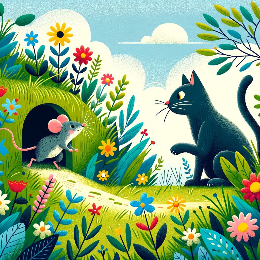 Une illustration destinée aux enfants représentant une petite souris intrépide, vivant dans un trou dans un mur, qui rencontre un chat rusé dans un jardin fleuri rempli de fleurs colorées et d'herbes hautes.