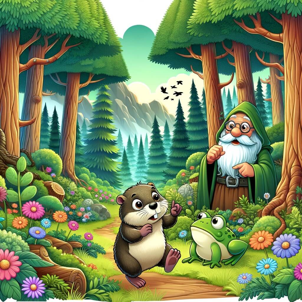 Une illustration destinée aux enfants représentant une marmotte curieuse se perdant dans une forêt enchantée, accompagnée d'une sage grenouille, entourée de grands arbres majestueux et de fleurs colorées.