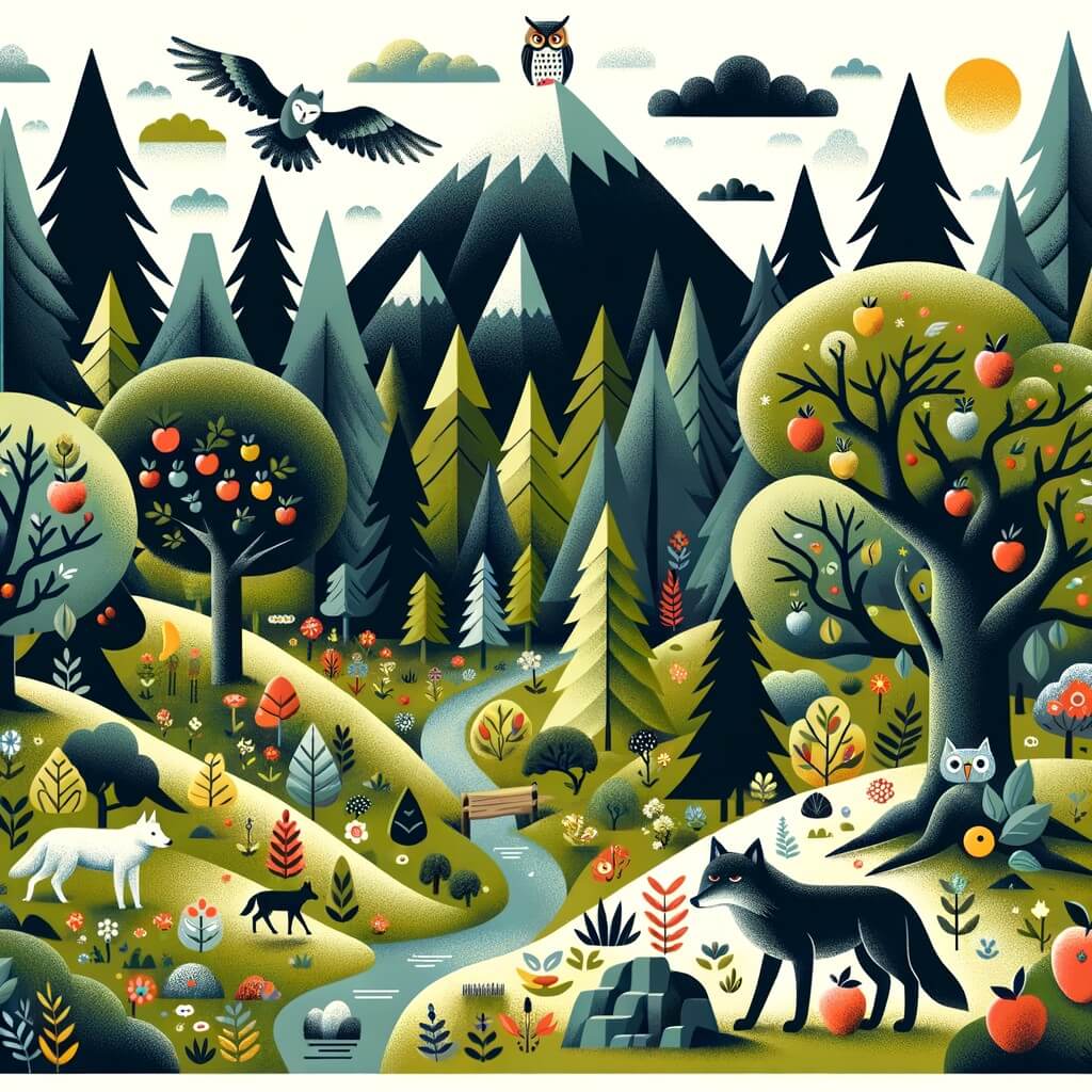 Une illustration destinée aux enfants représentant un loup solitaire, perdu dans une forêt dense et sombre, rencontrant une chouette sage au sommet d'une montagne majestueuse, entourée d'arbres fruitiers, de ruisseaux clairs et de fleurs colorées.