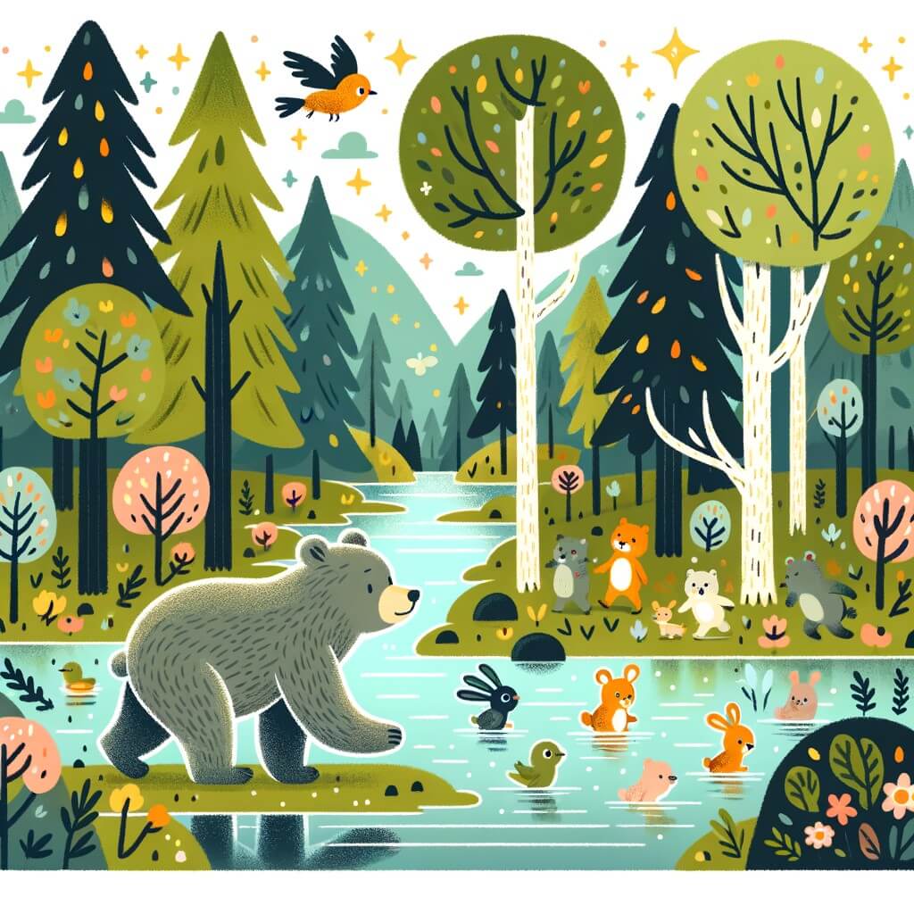 Une illustration destinée aux enfants représentant un ours solitaire explorant une forêt enchantée à la recherche d'amis, accompagné d'un groupe de petits animaux curieux, au milieu d'arbres majestueux, de fleurs colorées et d'un lac scintillant.