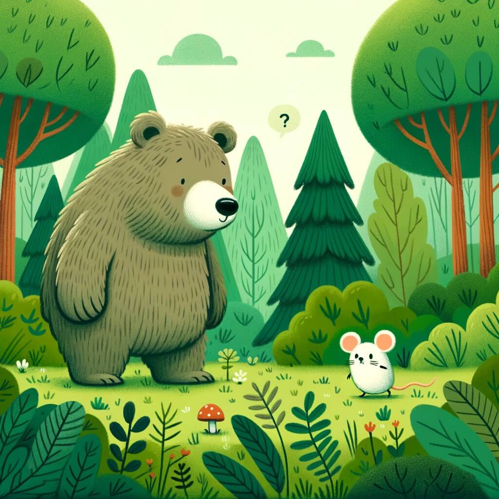 Une illustration destinée aux enfants représentant un ours bienveillant, se trouvant au cœur d'une dense forêt verdoyante, accompagné d'une petite souris inquiète, cherchant ensemble un nouveau foyer.