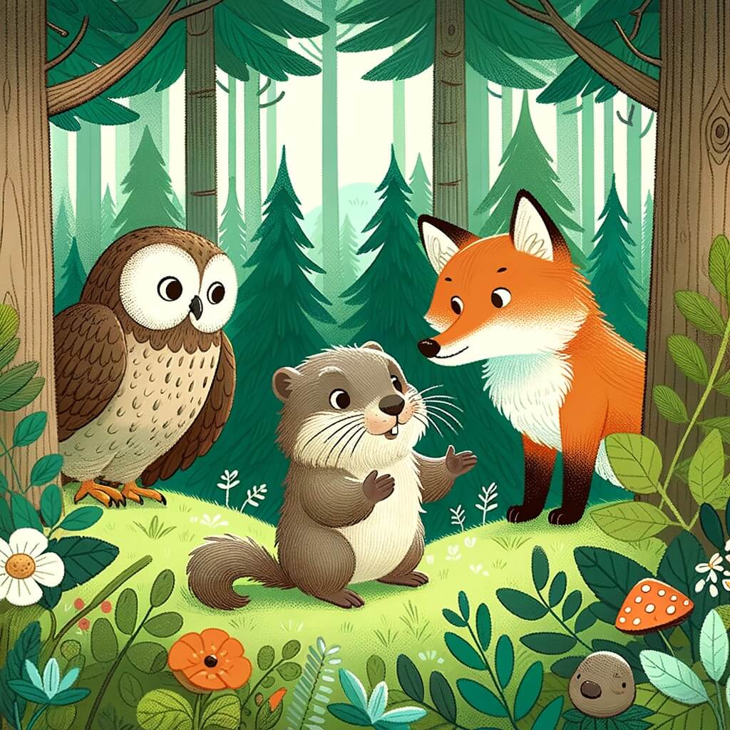 Une illustration destinée aux enfants représentant une petite marmotte curieuse, perdue dans une forêt luxuriante, qui rencontre une chouette sage et un renard rusé pour l'aider à retrouver sa famille.