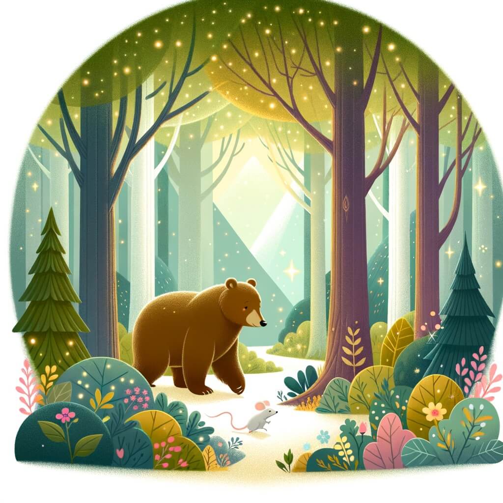 Une illustration pour enfants représentant une ourse se promenant dans une forêt magnifique où elle rencontre de nouveaux amis et aide une petite souris perdue à retrouver sa maison.