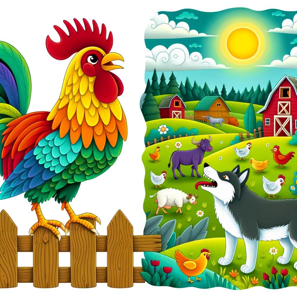 Une illustration pour enfants représentant un fier coq chantant sur une ferme paisible, qui décide un jour de partir à l'aventure et de découvrir le monde au-delà de la ferme.