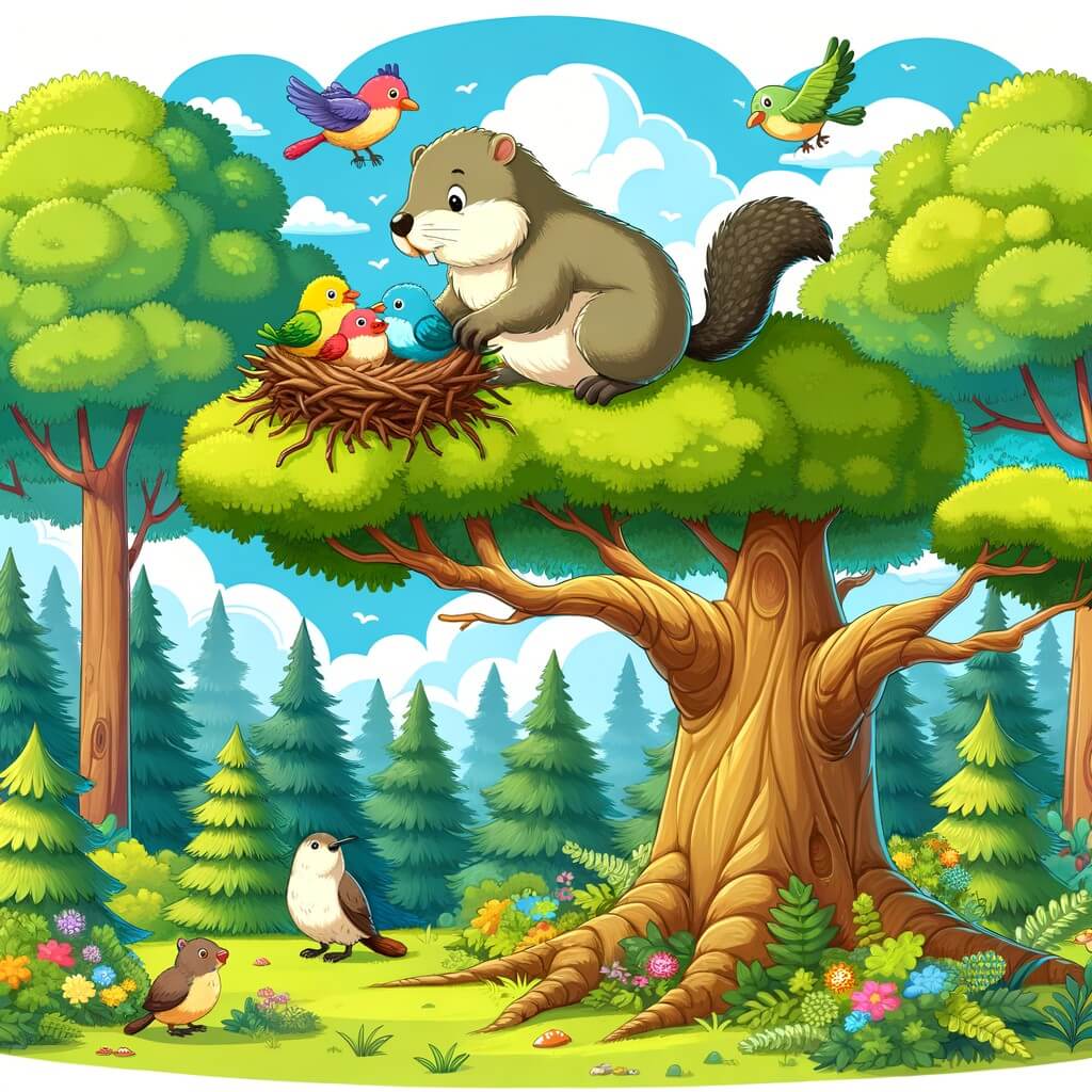 Une illustration destinée aux enfants représentant une marmotte curieuse, perchée au sommet d'un majestueux arbre de la forêt dense et verdoyante, découvrant un nid d'oiseaux colorés, avec en toile de fond un ciel bleu parsemé de nuages blancs cotonneux.